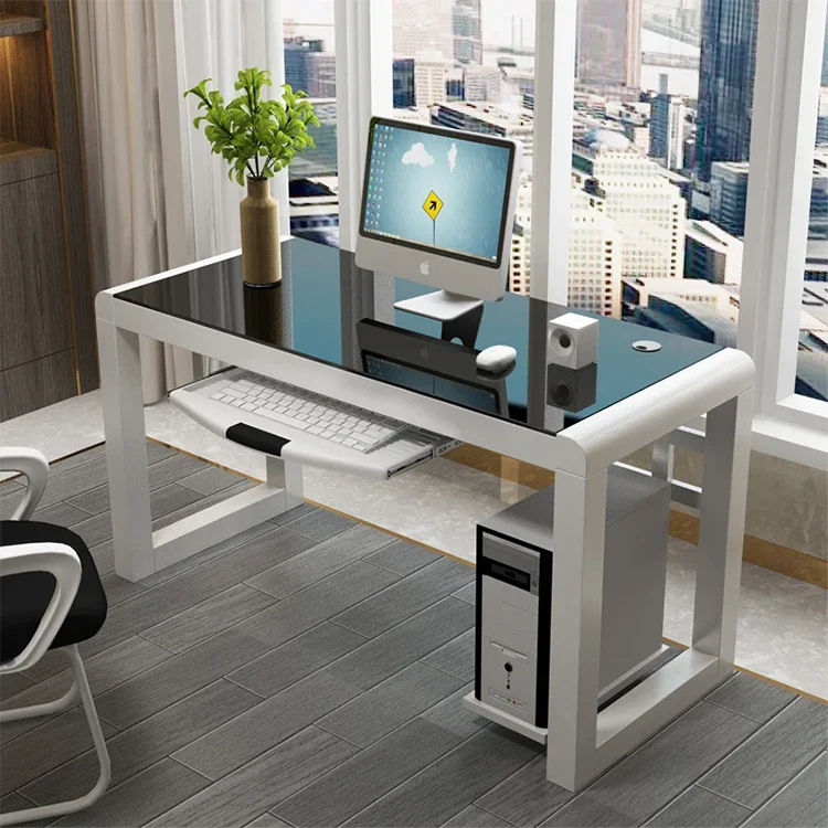 Modern Cheap home office Studying Working Computer table tempered glass computer desk with keyboard tray