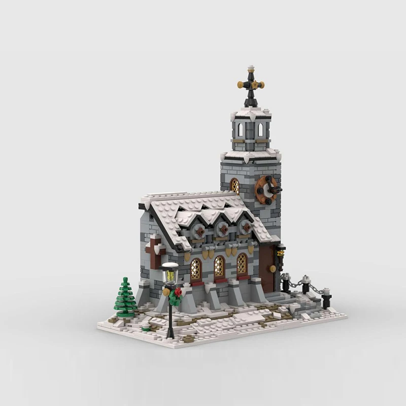 City Street View Model MOC Building Bricks Little Winter Church Modular Technology Gifts Holiday Assemble Children Toys Suit