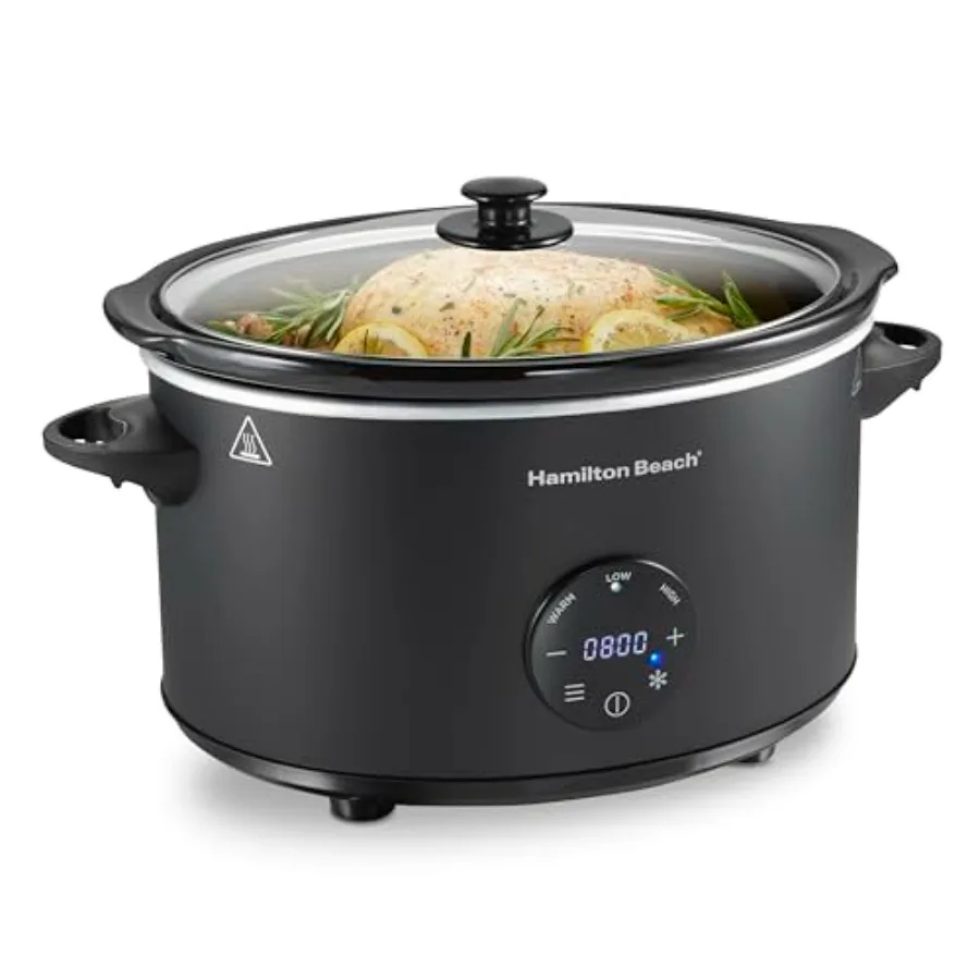 

6 Quart Set Forget Programmable Slow Cooker with Defrost Function Black Stoneware Crock and Glass Lid Adjustable Countdown Time