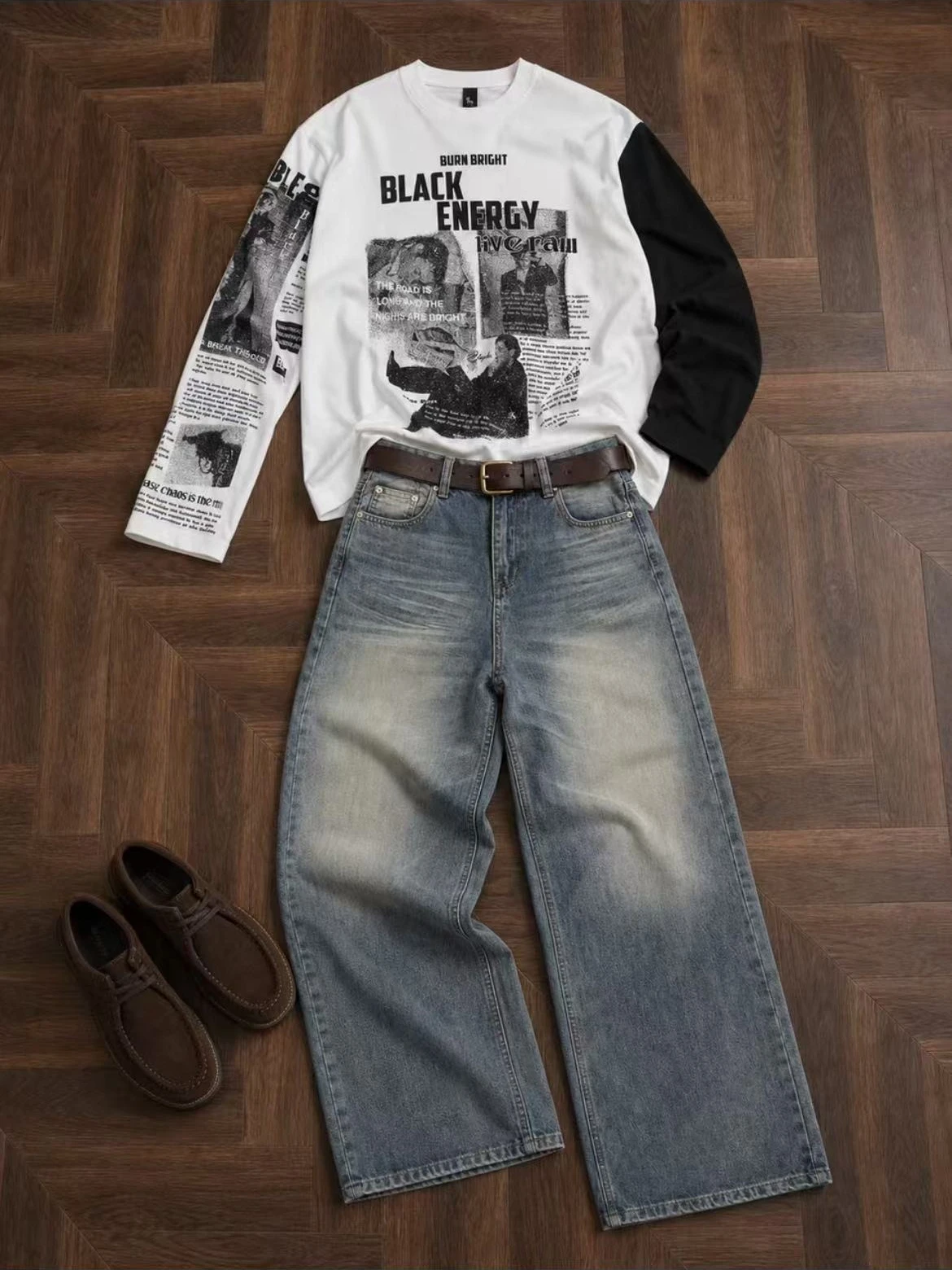Y2K Alt Long Sleeve Top Raglan Color Block Newspaper Figure Print Loose Fit Punk Aesthetic Casual Streetwear Graphic Tee Shirts