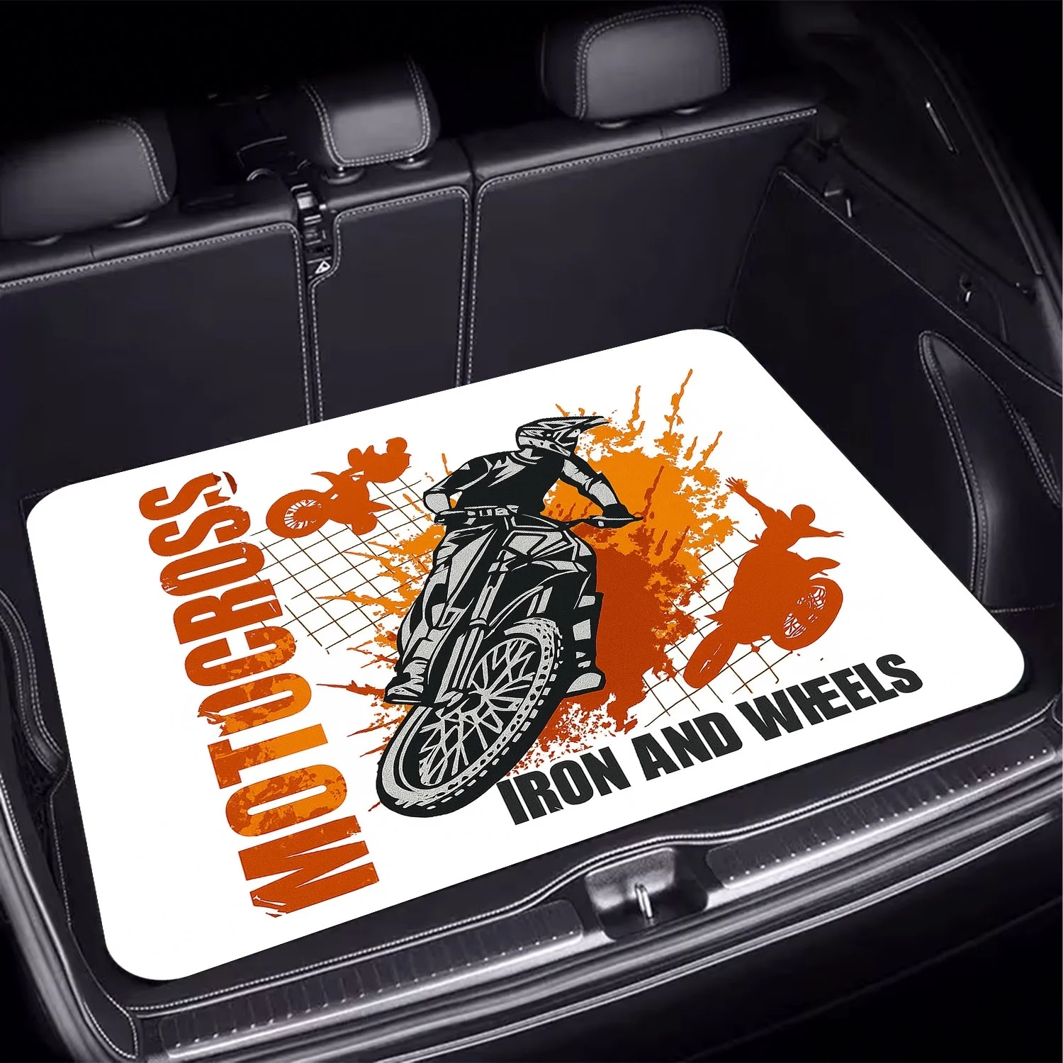 1pc, Motorcycle Off-Road Style Car Trunk Mat, Dynamic Motorcycle Print Pattern, A Must-Have For Travel, Compatible With Various