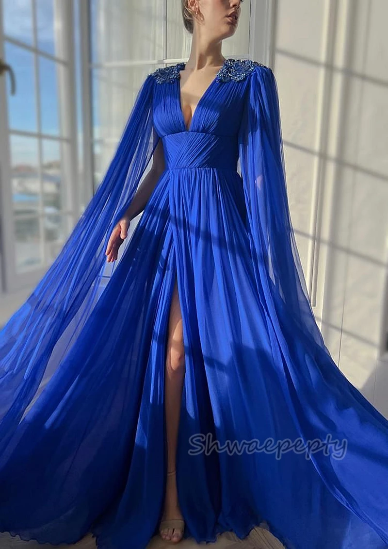 

Capped Chiffon Long Evening Dress Crystal Beaded Royal Blue A-Line Prom Dress Front Slit Deep V-Neck Empire Waist Formal Gown