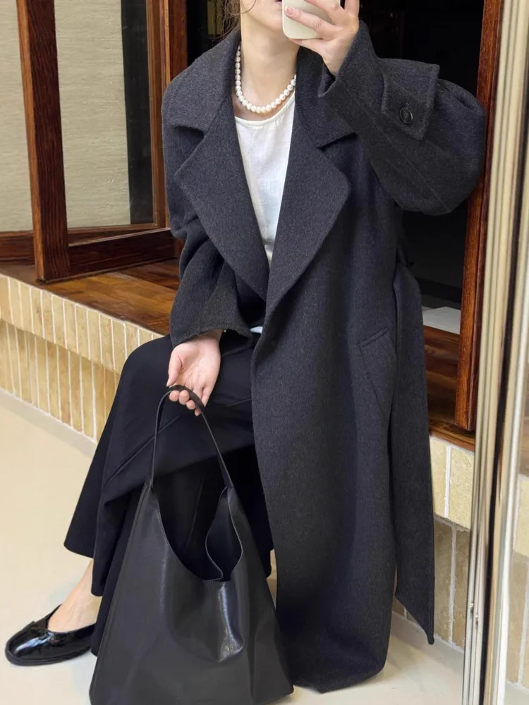 ZMEENNA Cappotto lungo in lana da donna Elegante giacca invernale con risvolto Capispalla chic Cappotto caldo con cintura a figura intera ZM3719