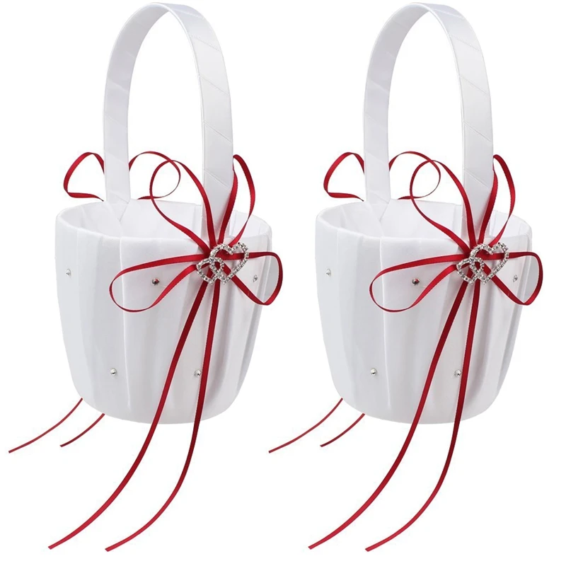 

2X Double Heart Wedding Flower Girl Basket White Satin Rhinestone Decor Red Wedding Ceremony Party Favor