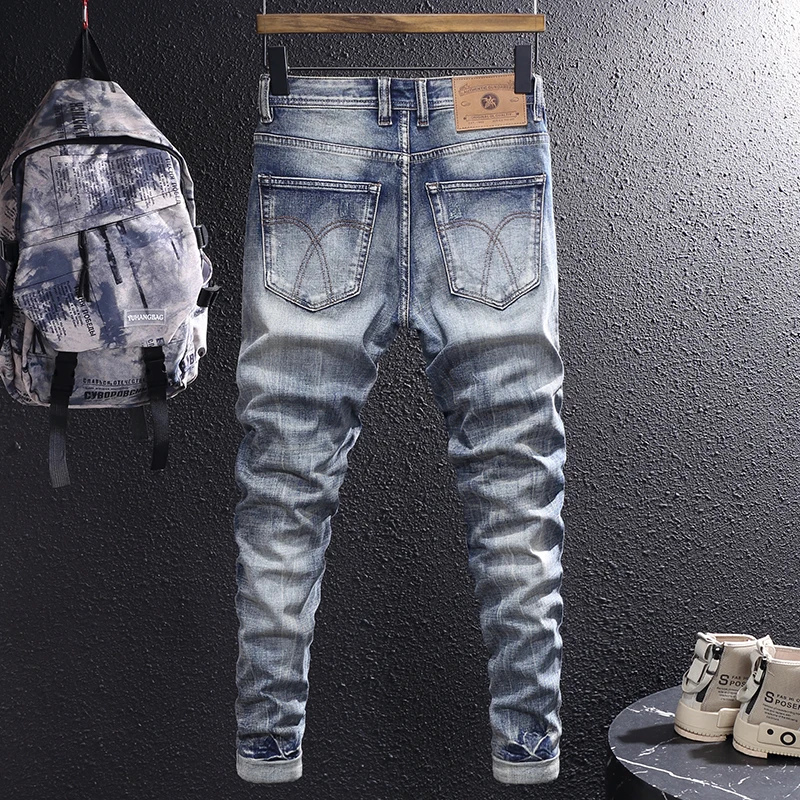 Newly Designer Fashion Men Jeans High Quality Retro Blue Elastic Slim Fit Ripped Jeans Men Trousers Vintage Denim Pants Hombre