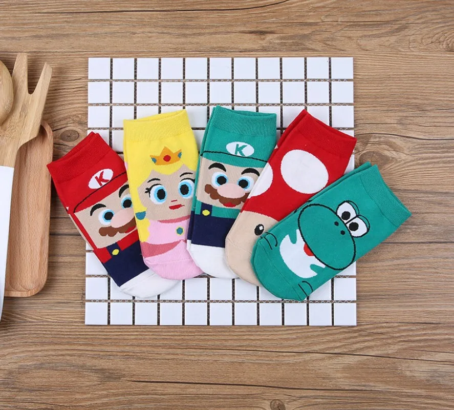 

5pcs/set Super Mary Cotton Socks Cute Anime Figure Mario Bros Periphery Clothing One Size Unisex Breathable Ankle Socks Gifts