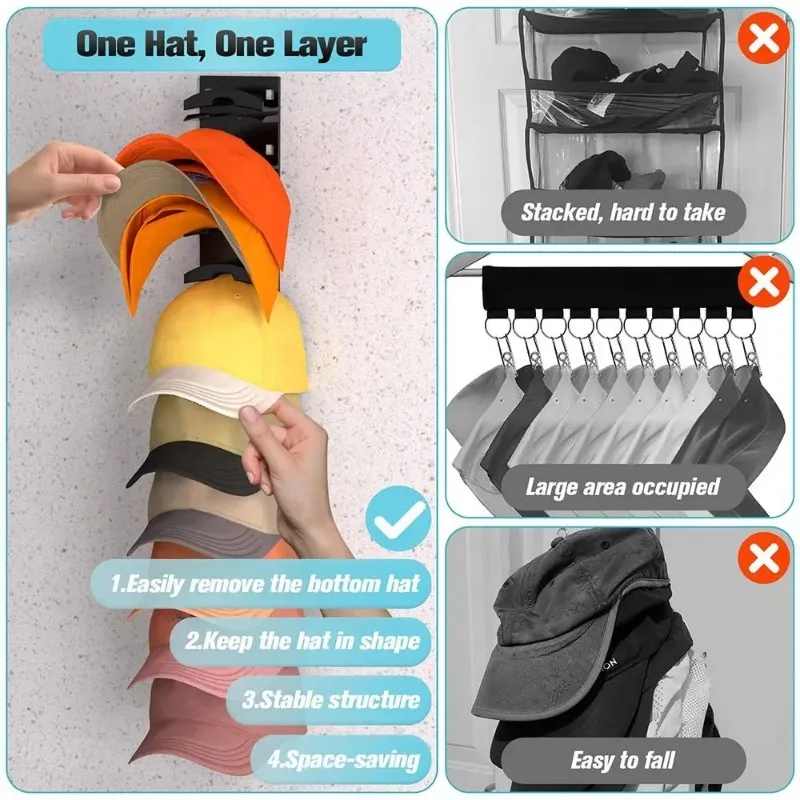 Plastic Hanging Cap Organizer for Door or Closet, Space Saving Baseball Hat Rack, Black/White, 14 Inch view 4