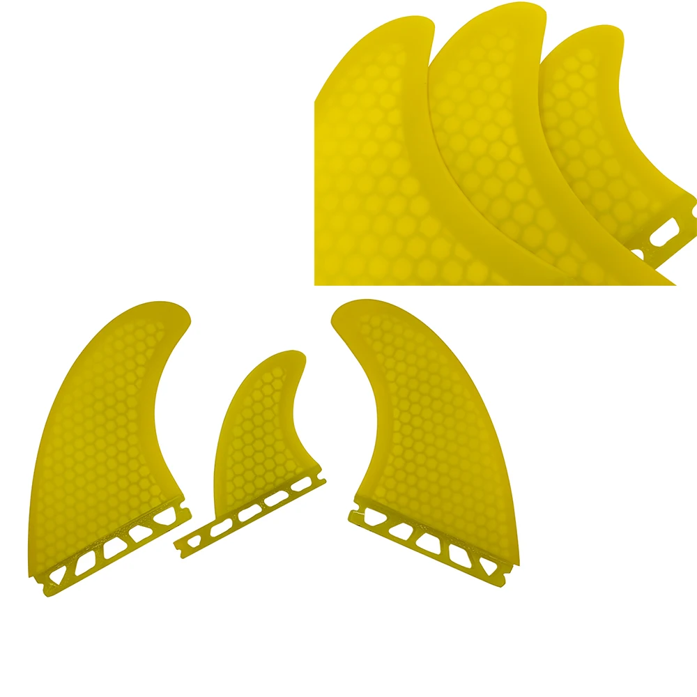 

Fiberglass Surf Tri Set Fins, Single Tabs, Yellow Color, New Design, Good Quality, Free Shipping, T1 Size Fins