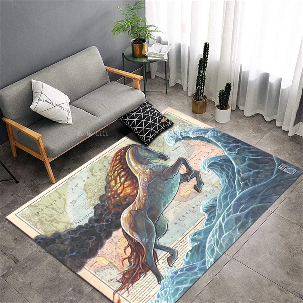 Flaming Stallion Leaping Headlong Into The Crashing Waves On Map Symbolically References The Heroes Journey Flannel Carpet