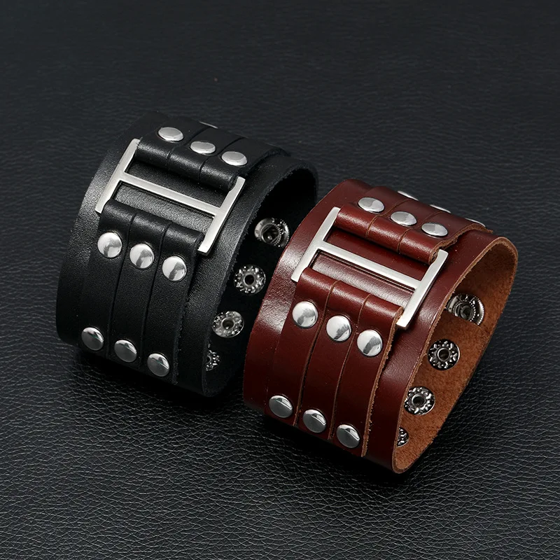 Men's Punk Style Vintage Multi-Layer Rivet Cowhide Bracelet Wide Leather Bangle Fashion Accessory