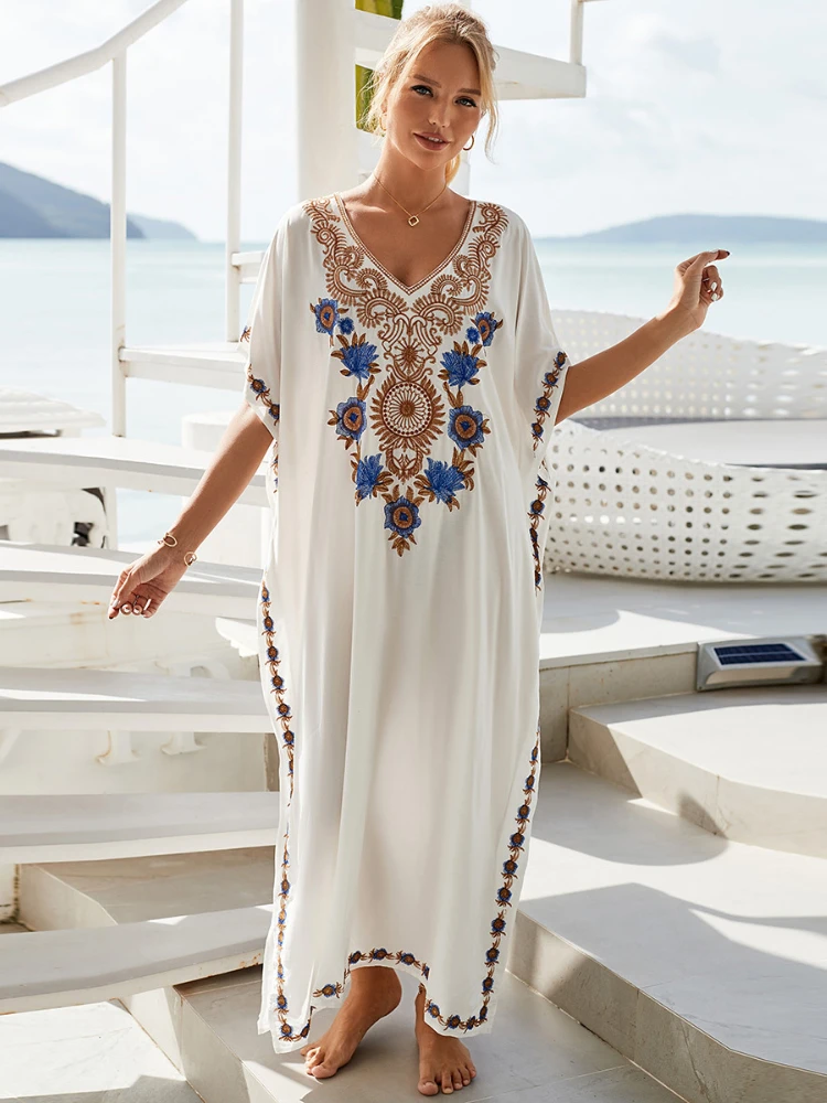 Beach Dress Bikini Cover Up for Swimwear Women 2022 New Flower Embroideried Kaftans Robe Tunic Pareo Bathing Suits Sales