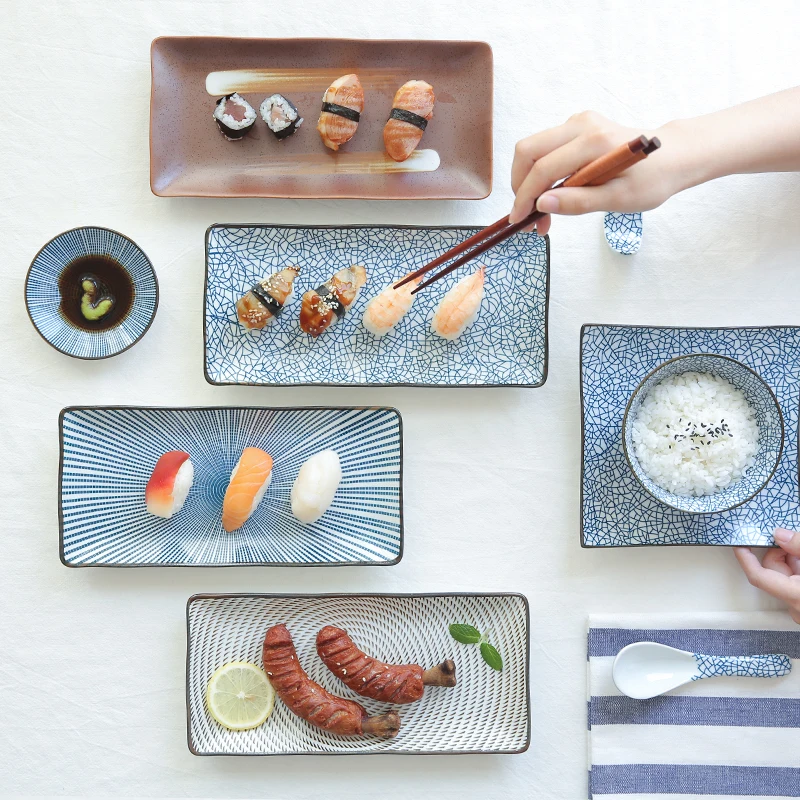 

9.8 inch Japanese Dinner Plate Ceramic Sushi Plate Fish Dinner Dishes Rectangle Dinnerware Microwave Safe