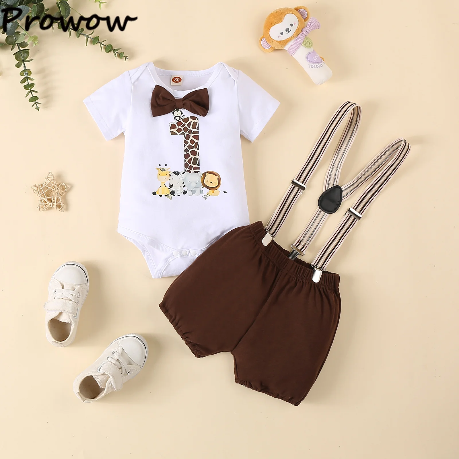 Baby Boys Birthday Outfits Sets Animal Print Necktie Romper and Y-back Suspender Shorts 1 Year Birthday Baby Cake Smash Clothes