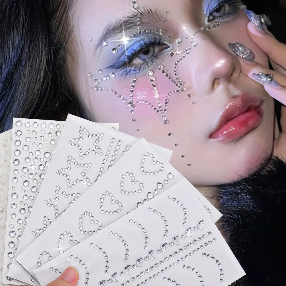 5 Stück 3D-Dekorationen mit klarem Gesicht, Strass-Aufkleber, funkelnder Stern/Liebes-Schmuck, selbstklebende Tattoo-Aufkleber, DIY simuliertes Perlendekor – Detail 2