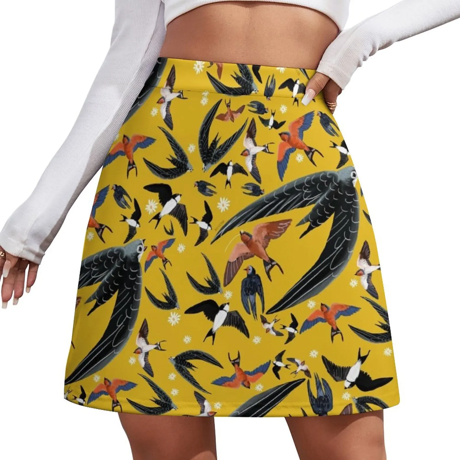 Swallows and swift pattern (Yellow) Mini Skirt night club women Women skirts Mini Skirt