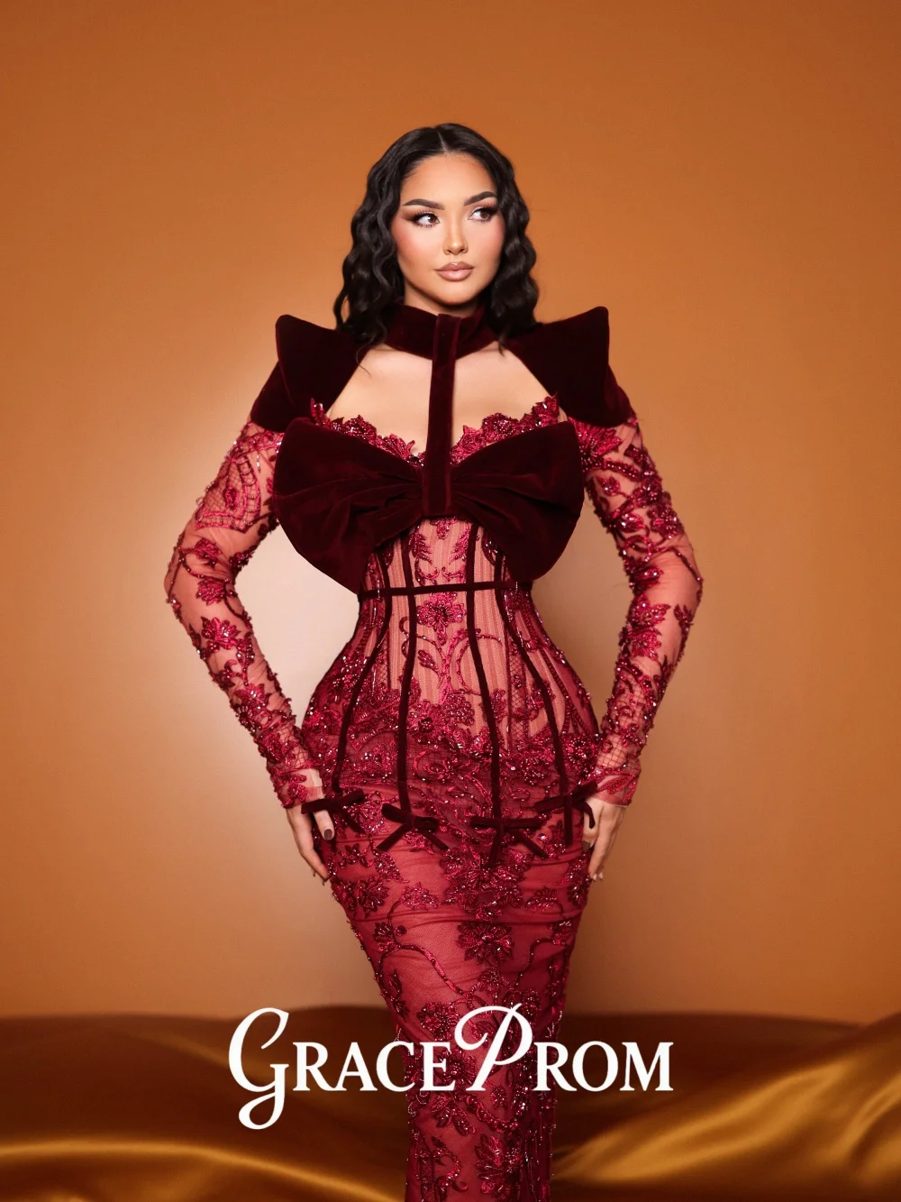 

GraceProm Bold High-Neck Evening Dress 2026 Velvet-Bow Carpet Gown Trendy A-Line Floor-Length Party Gown فساتين سهرة