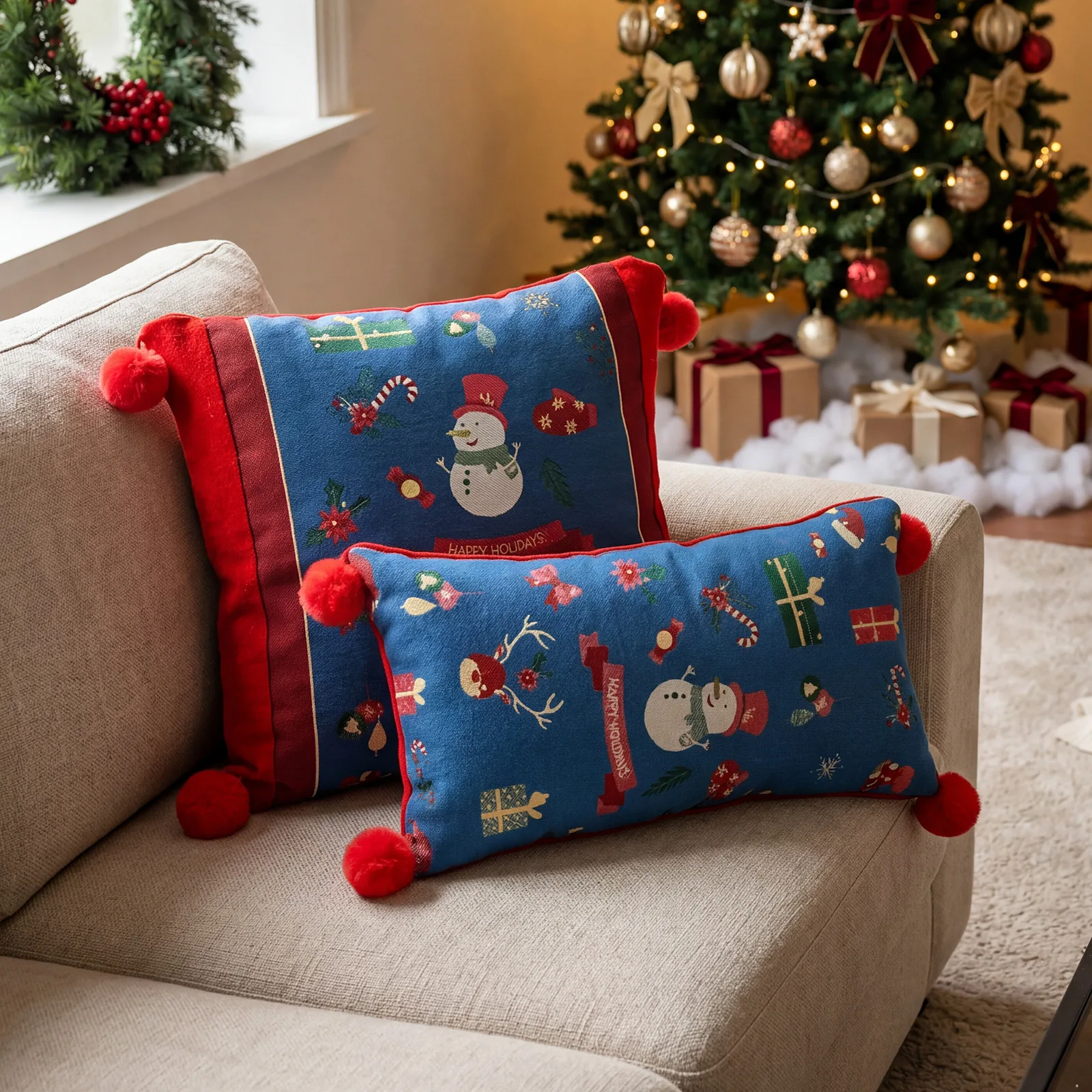 Weihnachtsroter Jacquard-Kissenbezug mit Cartoon-Elch- und Schneeflocken-Motiv, Plüsch-Sofadekoration, Kissenbezüge 45x45cm – Detail 11