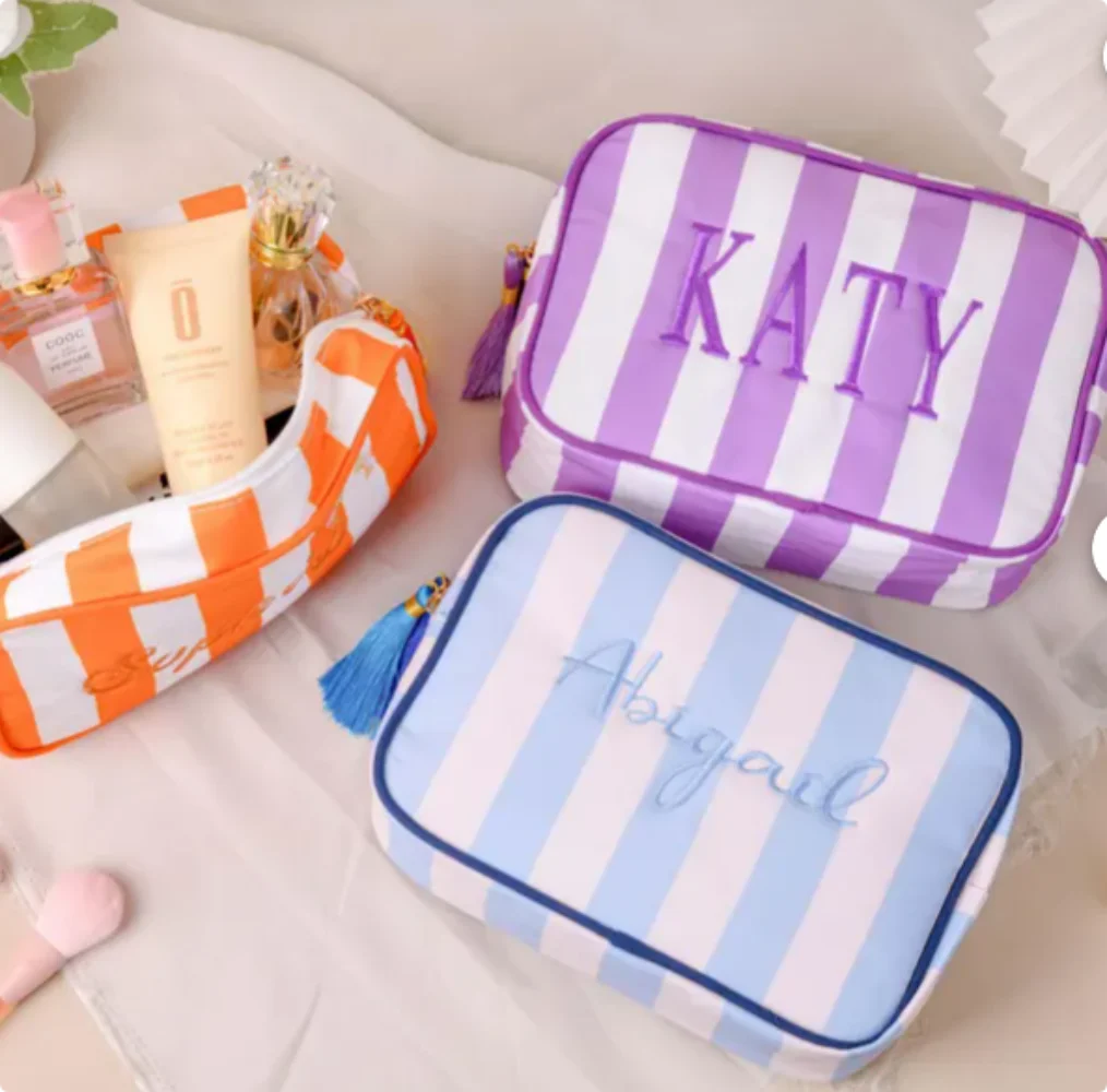 Personalized Embroidered Name Makeup Bag, Monogramed Toiletries Bag, Ladies Travel Storage Bag, Striped Tassel Toiletry Bag