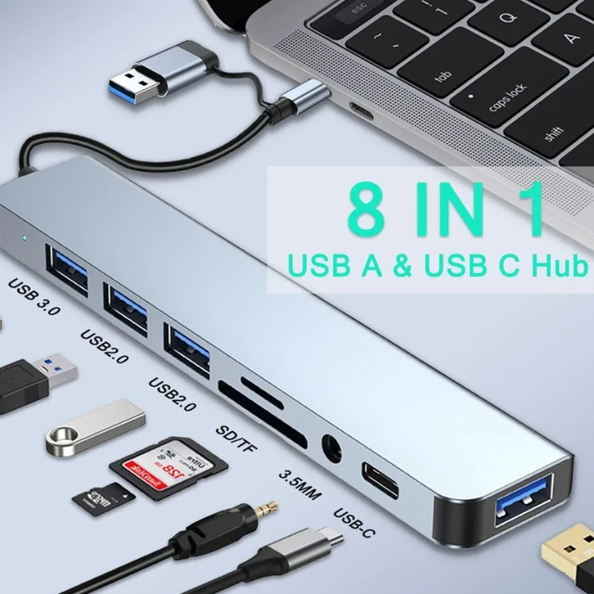 

USB Hub & USB C Hub 8-in-1 USB 3.0 2.0 Splitter Extender With SD/TF Card Reader 3.5mm Aux Ports for PC Laptop and More Devices