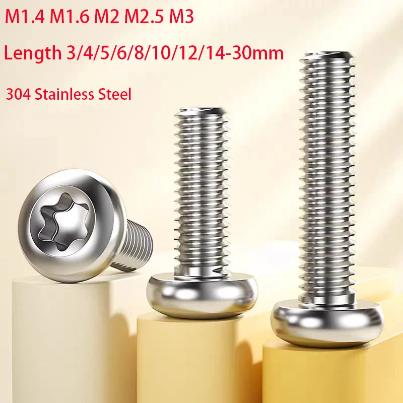 100Pcs 304 Stainless Steel Screw M1.4 M1.6 M2 M2.5 M3 Torx Round Head Screw Anti Pin Safety Bolt Length 3/4/5/6/8/10/12/14-30mm