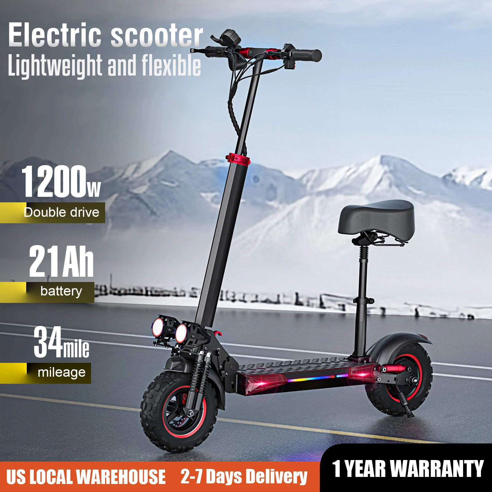 1200W Electric Scooter with Seat for Adults, 11'' Off-road Tires, 48V 21Ah Battery, 37Miles Range Folding E scooter