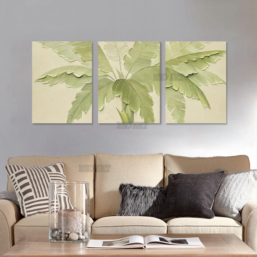 Large Canvas Picture 3 Panels Abstract Leaves Unframed Thick Oil Painting Real Hand-painted Canvas Wall Decor Art Picture