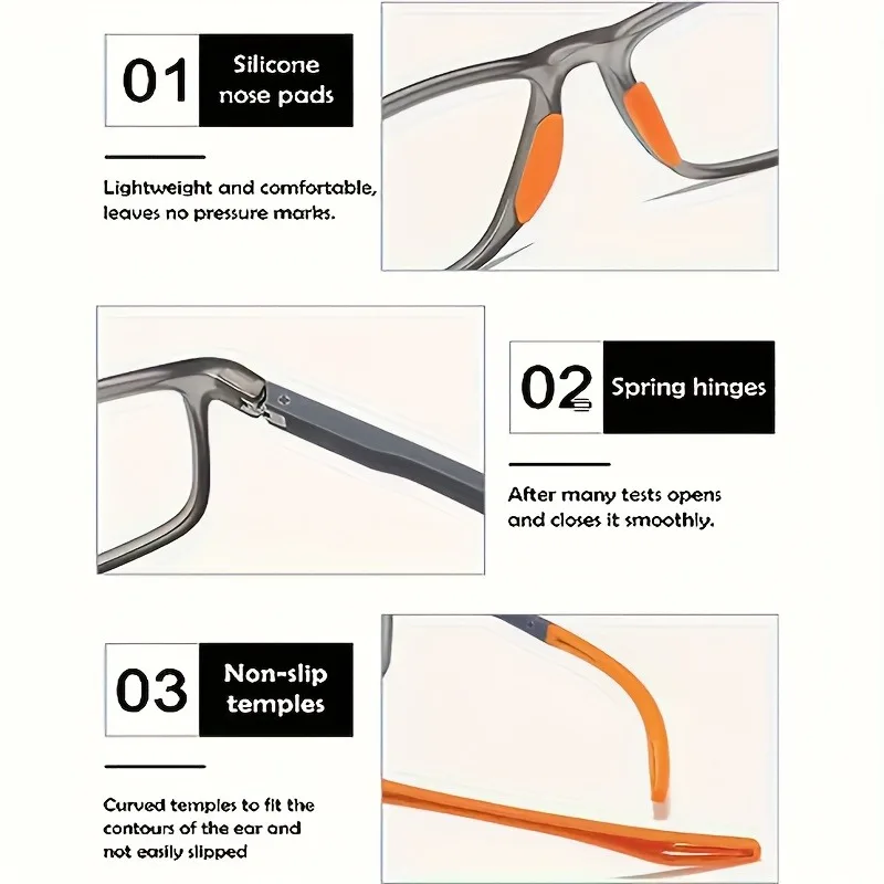 4 Stück Lesebrillen im sportlichen Stil für Männer und Frauen – transparente Gläser im Retro-Quadrat-Design, Anti-Blaulicht, mehrere Farben – Detail 4