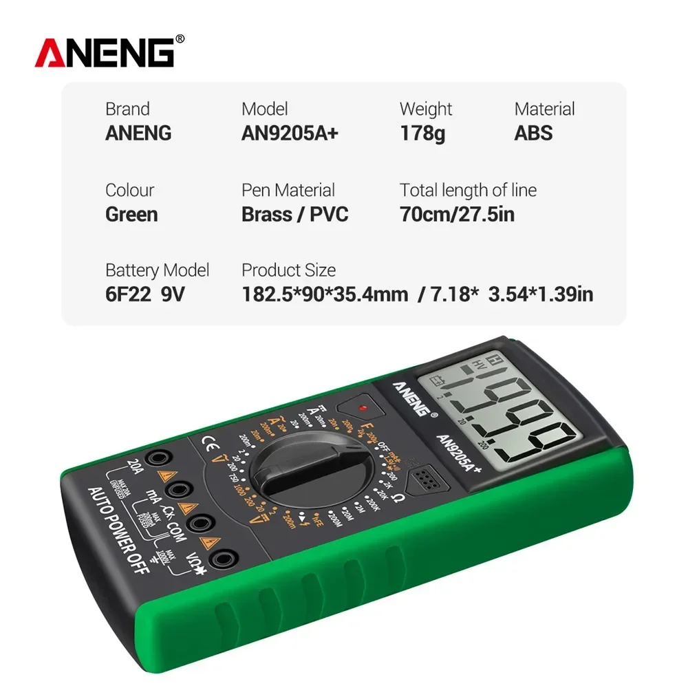 ANENG-multímetro Digital DT9205A +, probador Profesional de transistores eléctricos, medidor de prueba NCV, rango automático Ture RMS