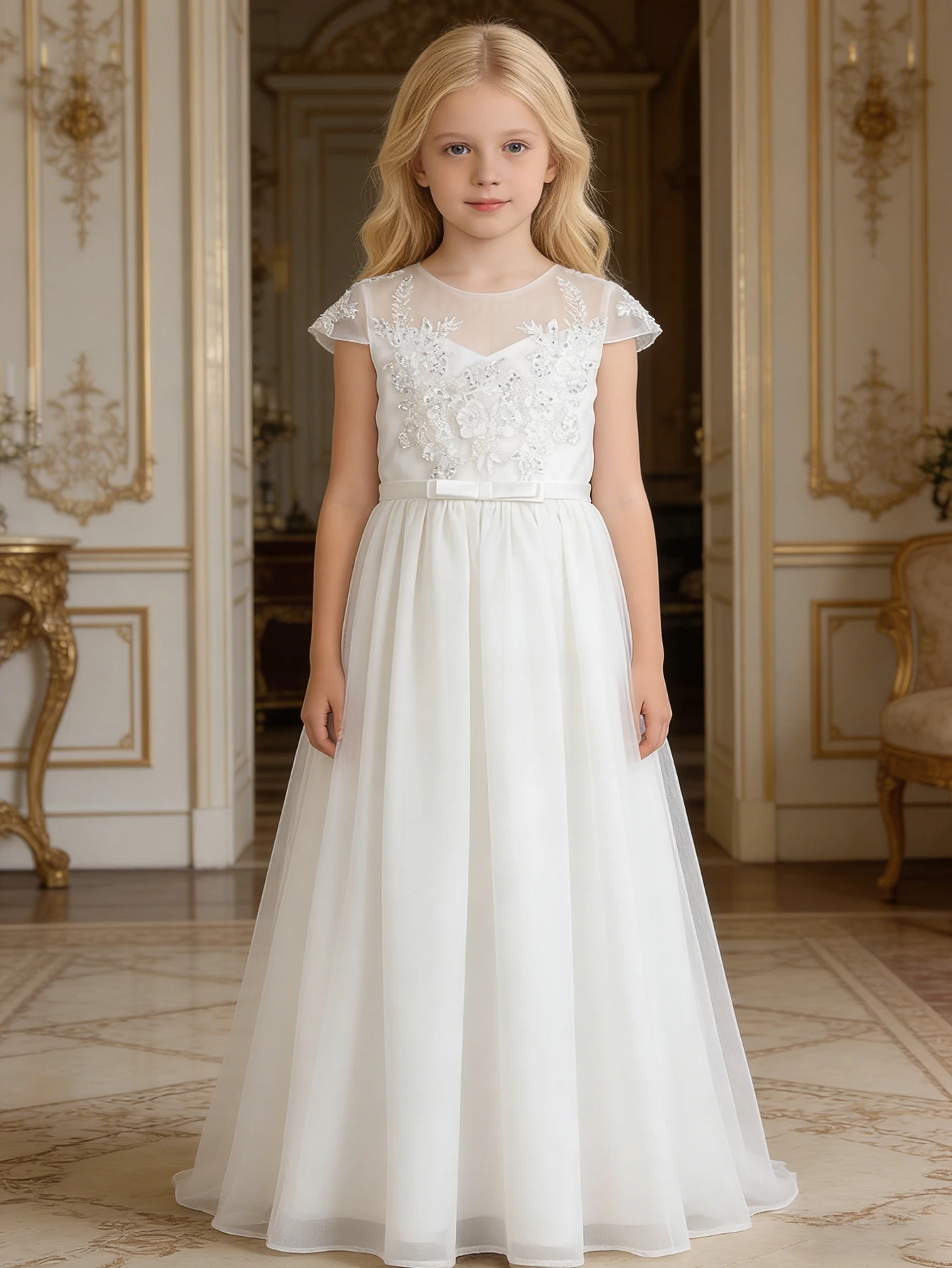 

Элегантное длинное белое платье для девочек с цветочным узором, кружевное шифоновое платье А-силуэта для первого причастия с рукавами-крылышками