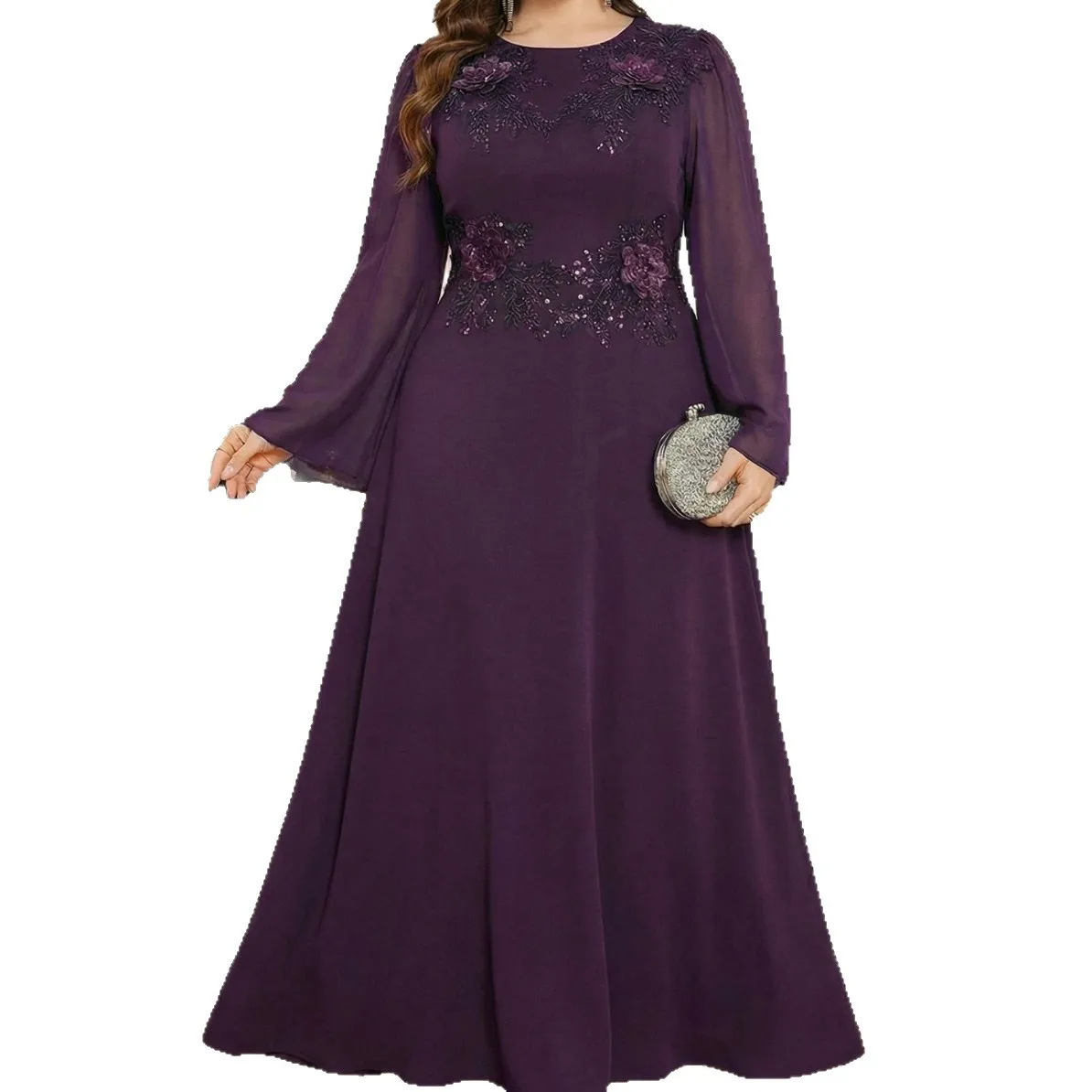 

Элегантное вечернее платье больших размеров с круглым вырезом, вышивкой бисером, пайетками и цветочным узором, с длинными рукавами