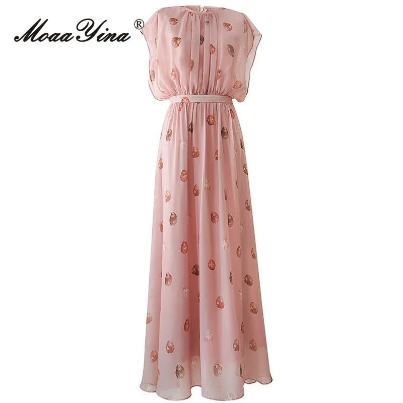 MoaaYina Spring Fashion Designer Vintage Romance Print Dress Women's O Neck Half Sleeve Holiday Party High Waist Slim Long Dress