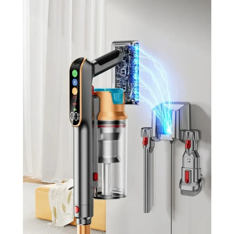 コードレス掃除機、580W/48KPA/65分 家庭用掃除機、スーパー1.8Lカップ＆大型LEDスクリーン搭載スティック型掃除機、絡まり防止
