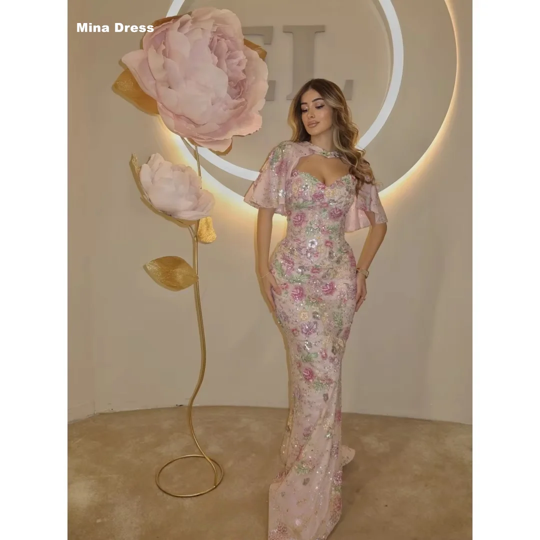 Mina Maßgeschneiderte Rosa Abendkleider 2026 Luxus-Partykleid Fischschwanz-Bestseller-Kleider für Besondere Anlässe Blumen-Schal