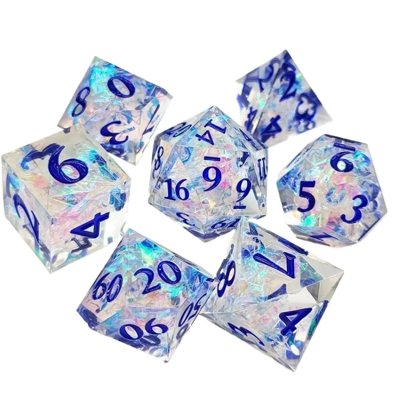مجموعة نرد راتينج Epoxy RPG DND باللونين الأزرق والأرجواني متعددة السطوح، فضي للاكتئاب