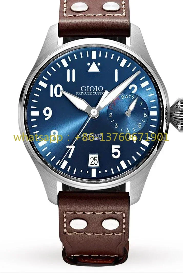 Luxury Mens Automatic Mechanical Watch Big Pilots Sapphire Stainless Steel Brown Leather Luminous Blue Dial