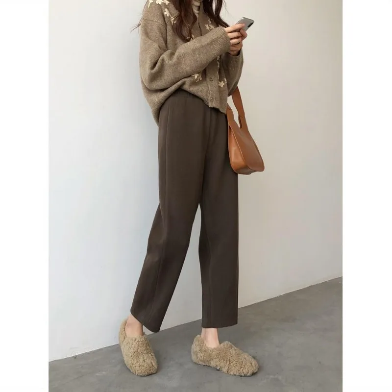 Women Autumn/Winter Simplicity Loose Solid Color High Waist Appear Thin Fleece Harem Ladies office Lady All-match Cropped Pants