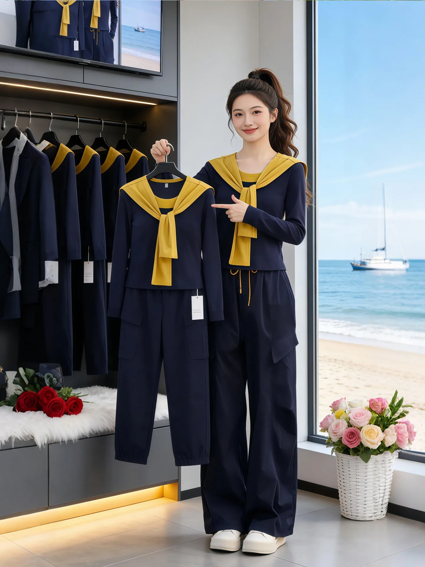 

Весенний повседневный женский комплект в корейском стиле 2026: топ с цветными блоками и широкие брюки-палаццо – модный ансамбль