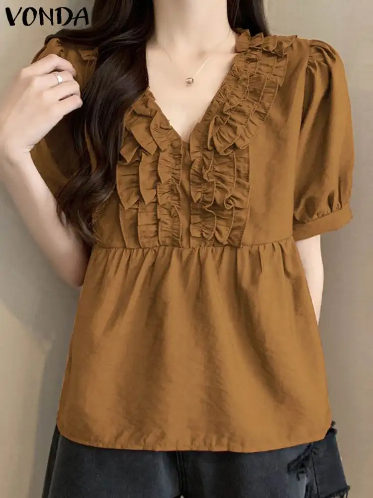 

2024 VONDA Elegant Summer Ruffled Blouses Women Tunic Tops Sexy Short Sleeve V-Neck Casual Loose Solid Color Shirts Blusas Femme