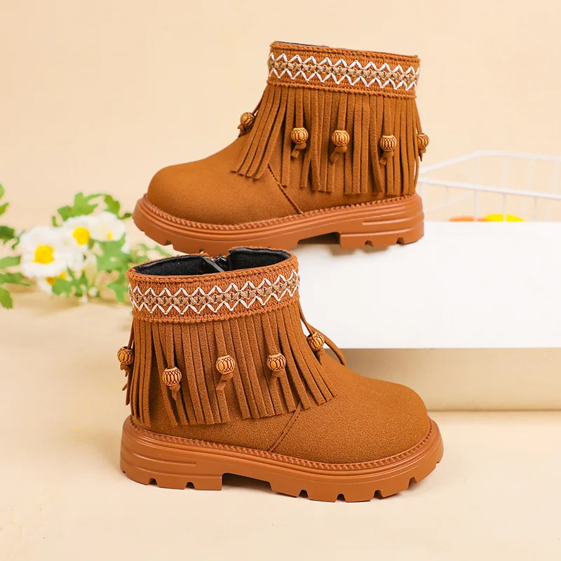 Botas Fashion Girls' Shoes 2025 Winter New Bohemian Ethnic Style Kids Leather Boots Retro Versatile Girls' Tassel Ankle Boots