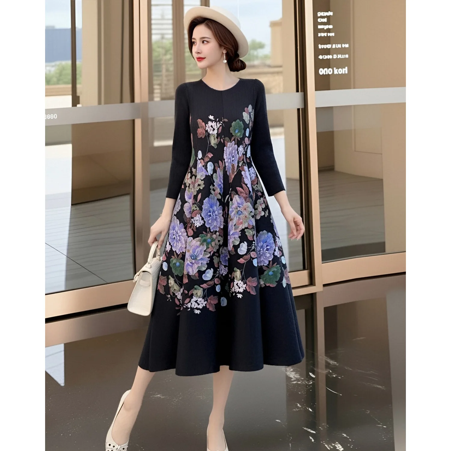 

Женское плиссированное платье Miyake Apricot Chic с принтом, осеннее модное новое платье А-силуэта с круглым воротником и рукавами три четверти 2DB4570