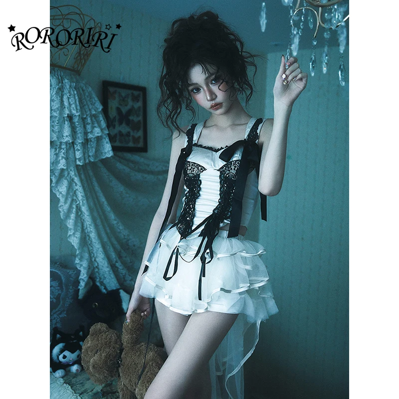 

Комплект RORORIRI: топ-майка в стиле Лолита и многоярусная юбка с кристаллами, квадратным вырезом, оборками и асимметричным подолом. Летняя одежда для принцесс.