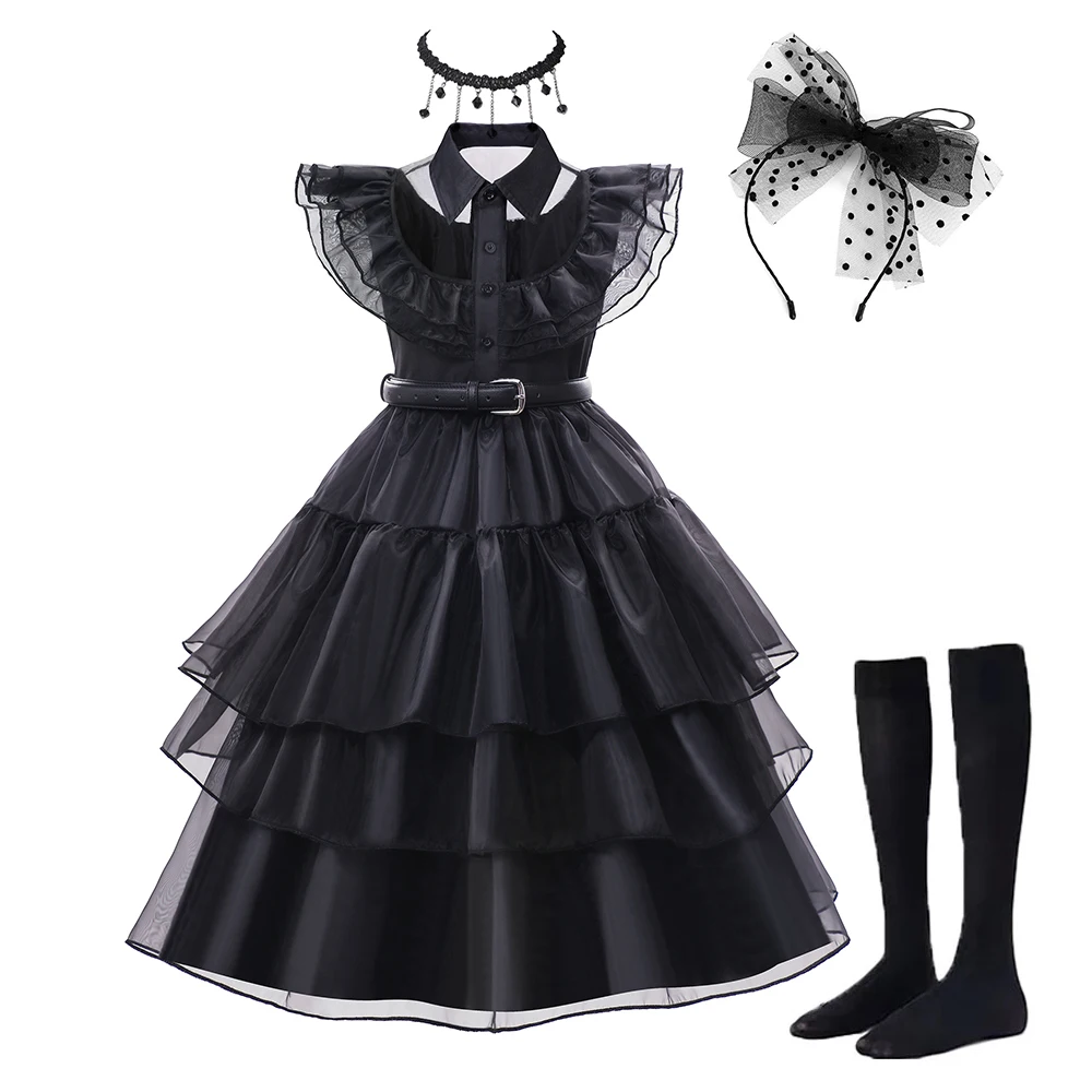 Costume di Halloween per bambini ragazza Fancy travestimento Merlina Adams Gothic Layers Tutu Dress con cintura Fancy Birthday Party Cosplay