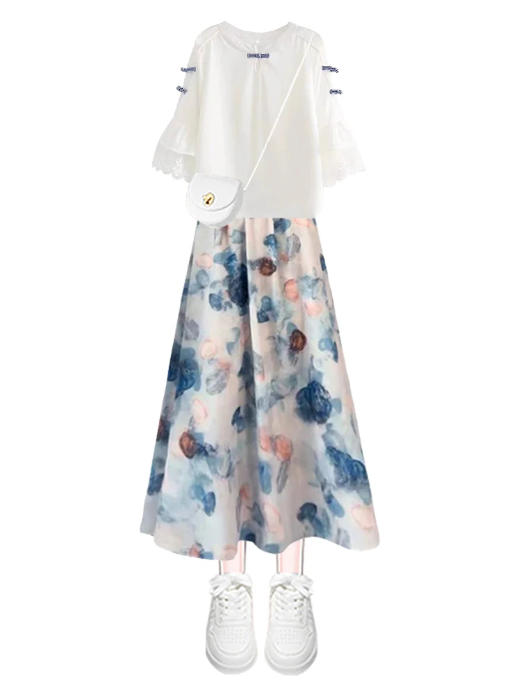 Retro Artistic Women's Summer Outfit with Double Layer Lace Sleeves And Button up Top Half Skirt Two Piece Set Floral Gradient