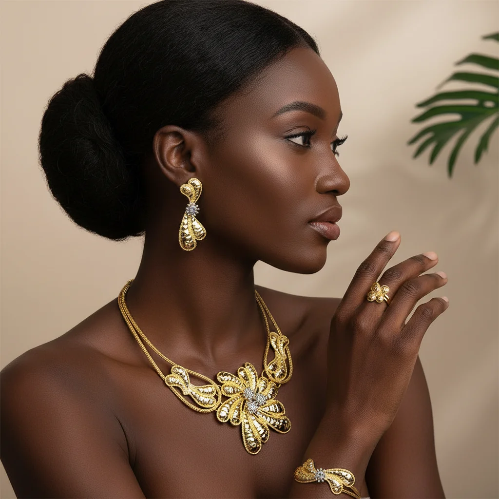 

African Women's Bowknot Jewelry Set Gold Plated Necklace Earrings Bracelet Ring, Fashion 4PCS Jewelry Set For Women