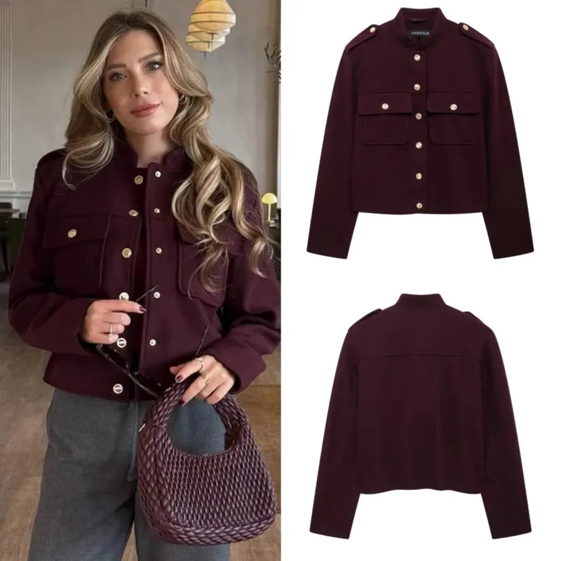 Vintage Soft Tweed Jacket Women Gold Single Breasted Half Collar Coat New 2024 Autumn Fashion Deep Burgundy Tops Lady Streetwear