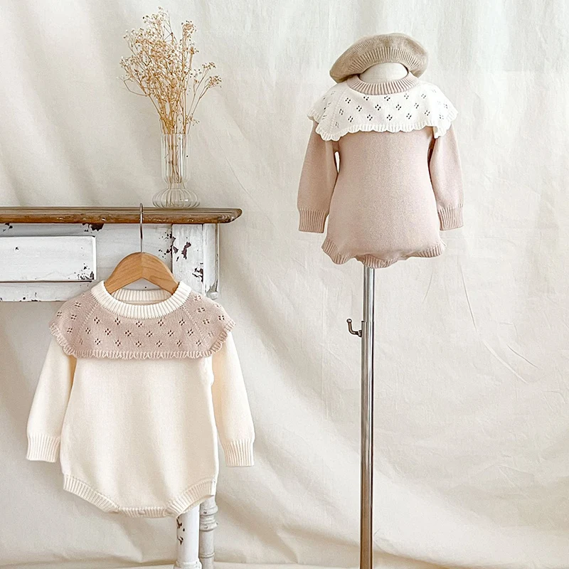 2024 New Autumn Baby Girl Knitted Clothing Newborn Baby Girls Knitted Bodysuits Long Sleeved Splicing Korean Style Climbing Suit