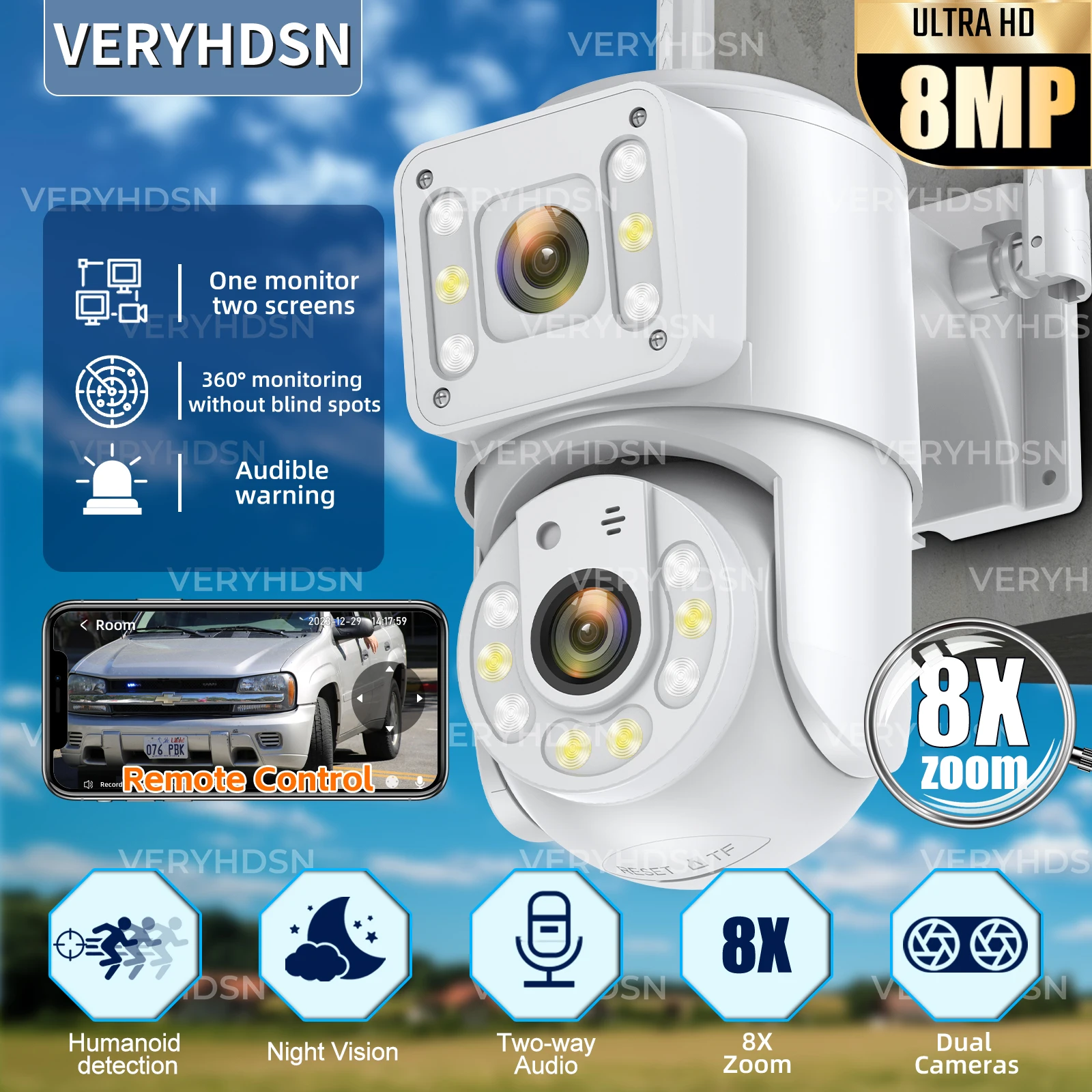 Cámara de seguridad para el hogar, dispositivo de vigilancia CCTV de 8MP, 4K, HD, WiFi, Zoom 8x, lente Dual, pantalla Dual, PTZ, IP, seguimiento automático