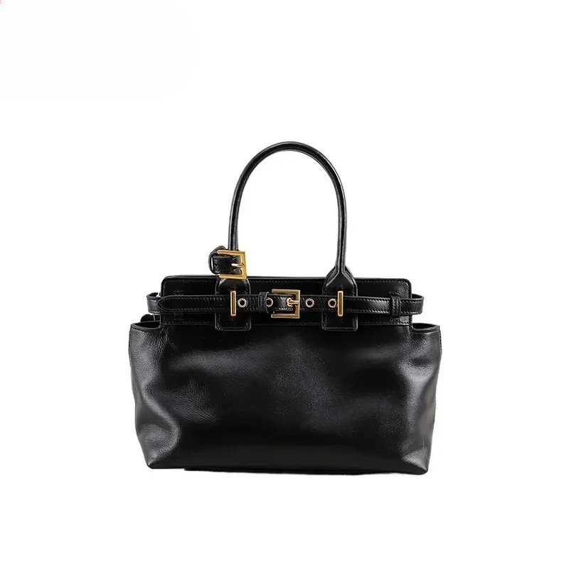 

New Leisure 2026 Handbag High-end Glossy Oil Wax Cowhide Leather Women Tote Kakhi Office Ladies Commuter Cowskin Shoulder Bag