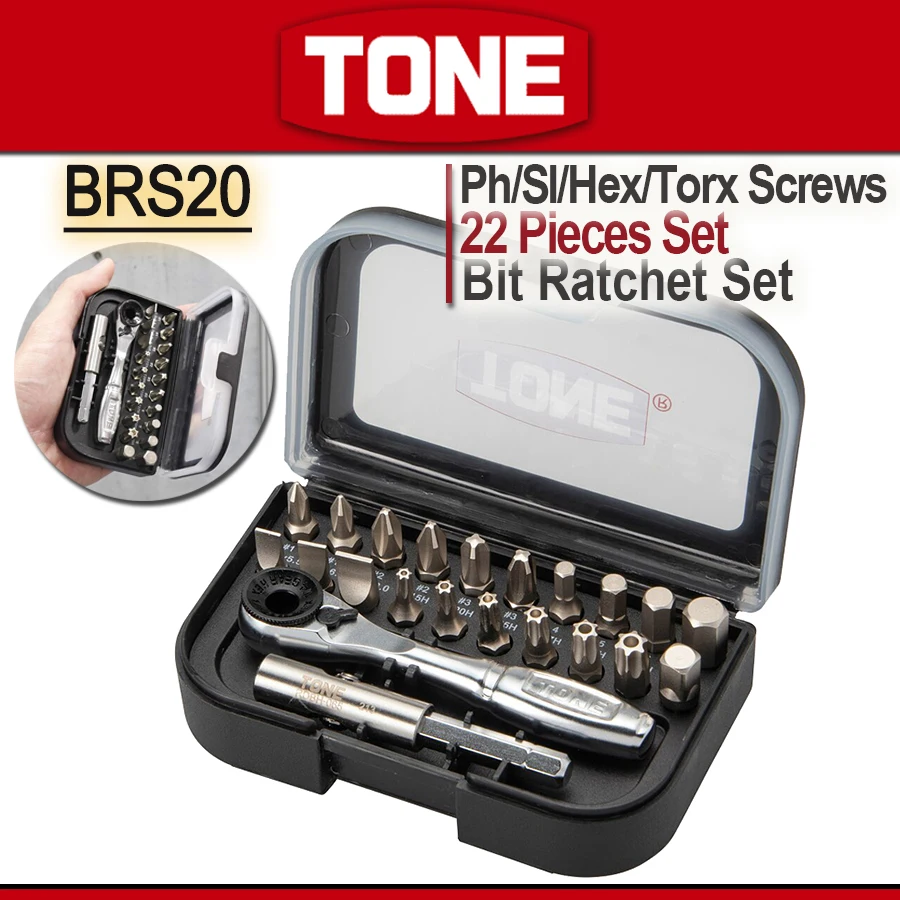 

TONE 22 Pieces Bit Ratchet Set 1/4'' (6.35 mm) Screwdriver Bit Set for Auto Repairing and Household with Storage Case BRS20