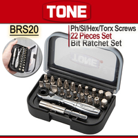 TONE 22 Pieces Bit Ratchet Set 1/4'' (6.35 mm) Screwdriver Bit Set for Auto Repairing and Household with Storage Case BRS20